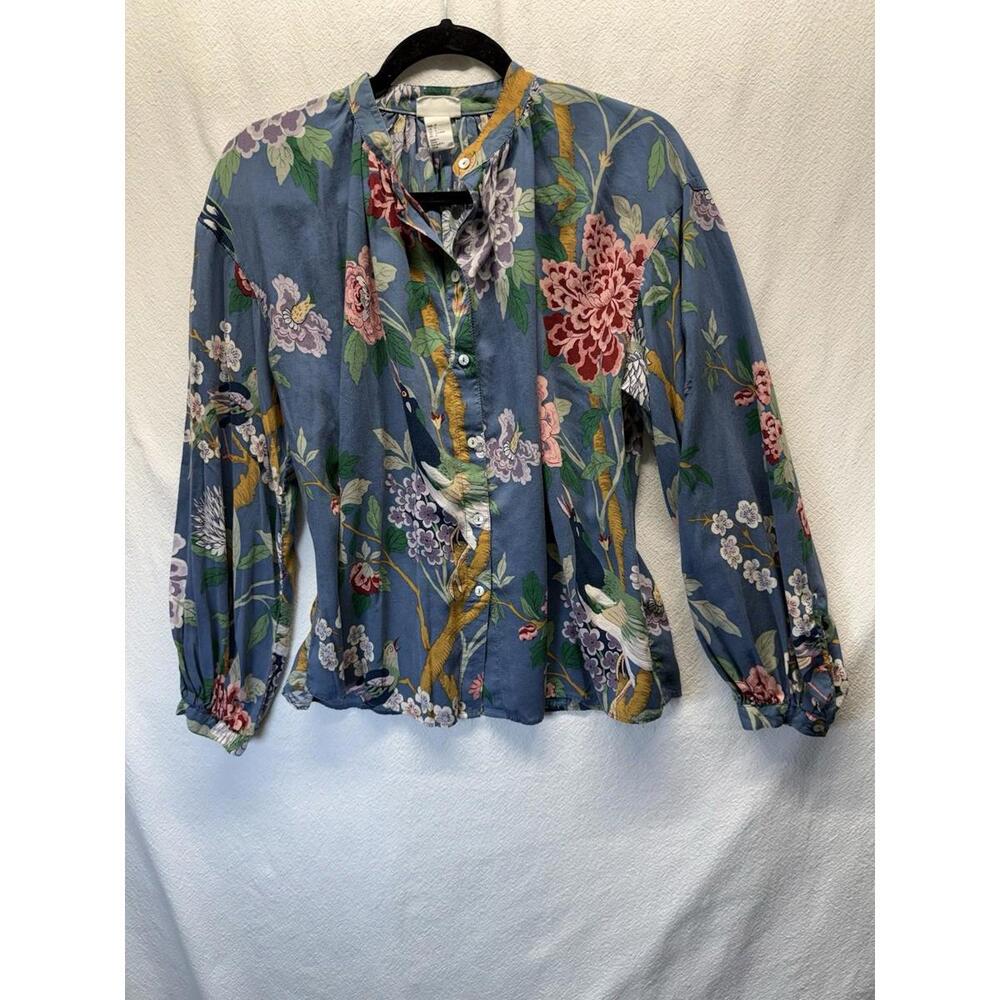 Farm Rio VibePeacock Motif GP&J Baker × H&M woven blouse dusky blue floral print